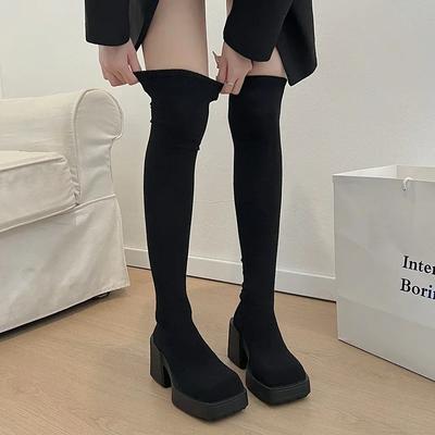 2024 New Hot Selling Winter Women's Over-the-Knee Sock Boots Stretch Knitted Thick Heel Boots Women's Slip-on Thick-soled Shoes