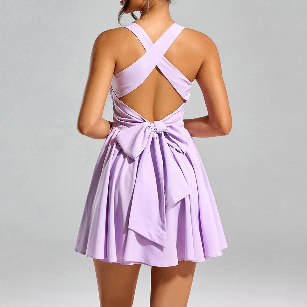 Suspender dress, European and American sexy fungus edge, open dress with halter bow A word