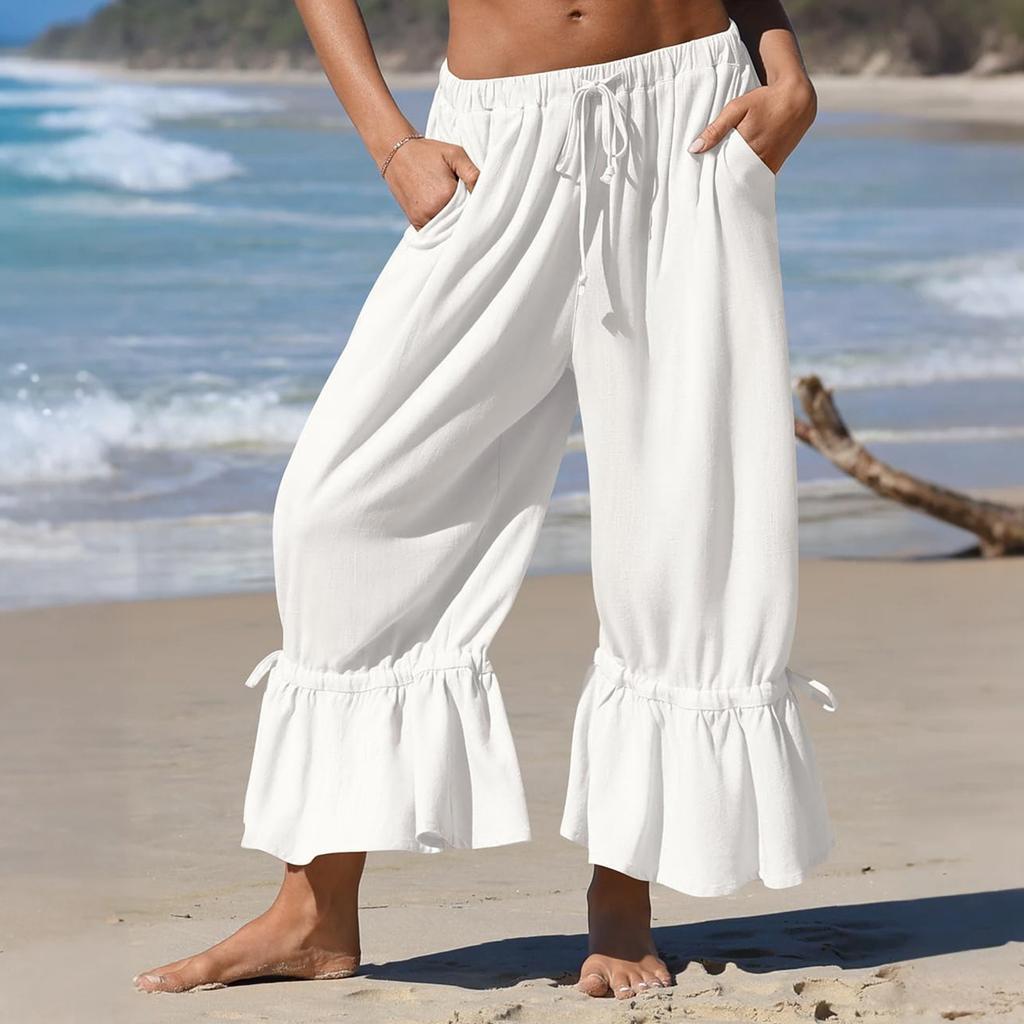 Damen Leinen Weite Cropped Hose mit gefaltetem Saum Kordelzug Taille Lockerer Sitz Lässige Hose für den Alltag