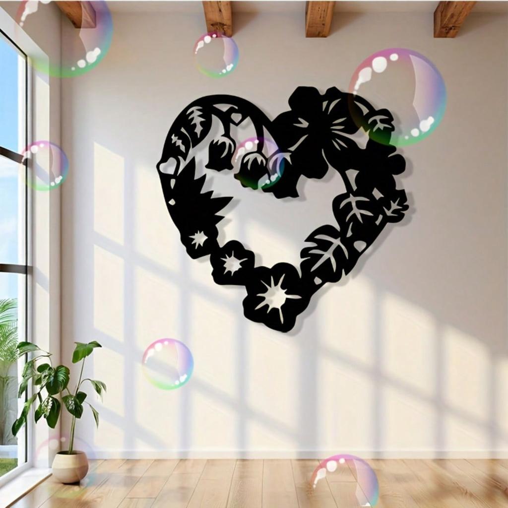 Vintage Black Metal Heart Wall Art with Leaf Design Hanging Ornament Indoor Outdoor Home Decor Gift