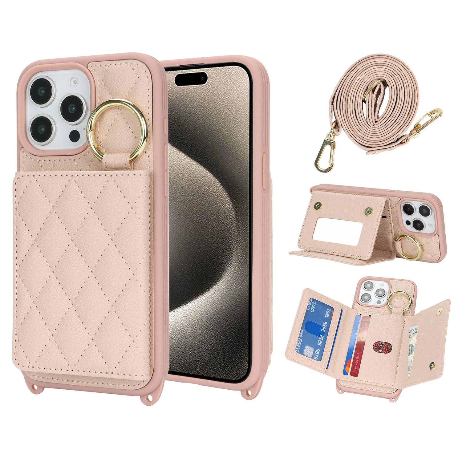 

For iPhone 15 Pro Case with Lanyard/Mirror/Card Holder Grids Pattern RFID Blocking Phone Cover