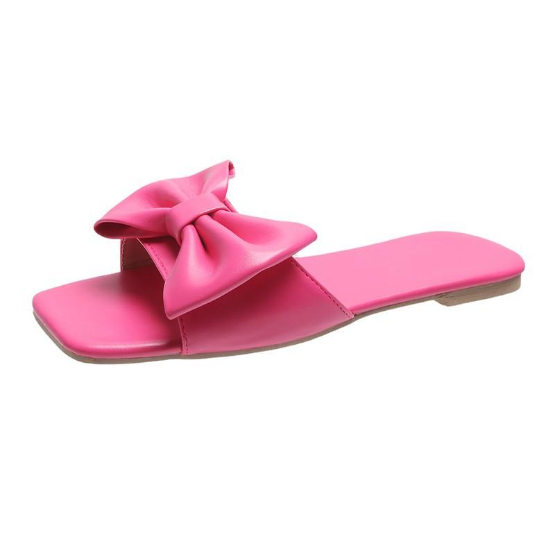 Fashion Women's Slippers Pink Leather Flat Slippers for Women Summer Square Toe Bow Sandals Woman Slides Outdoor Non-slip Beach Slippers