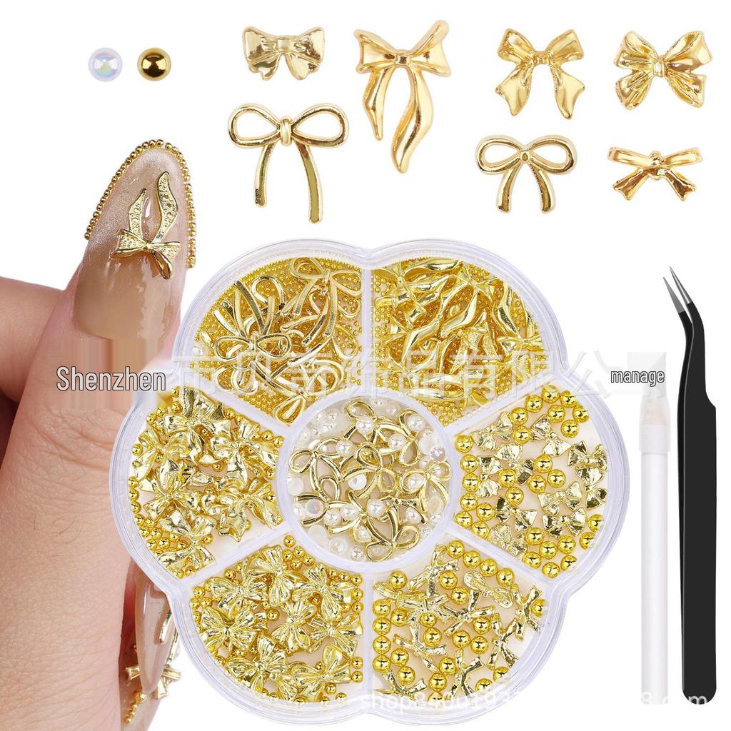 2026 Trendy Nail Art Rhinestones: Mixed Styles Metal Bow, Flat-Backed, Seven-Grids Nail Decorations