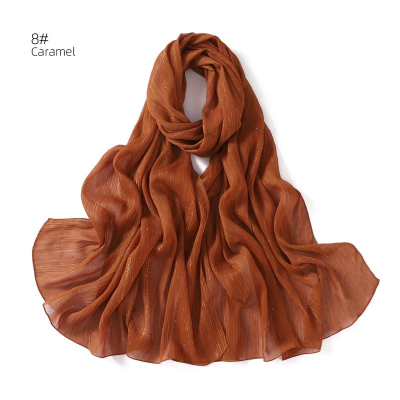 175*70cm Islamism Solid Color Silver Wire Diamond Chiffon Scarf Muslim HIjab Wrinkles Women's Headscarf Shawl Ramadan