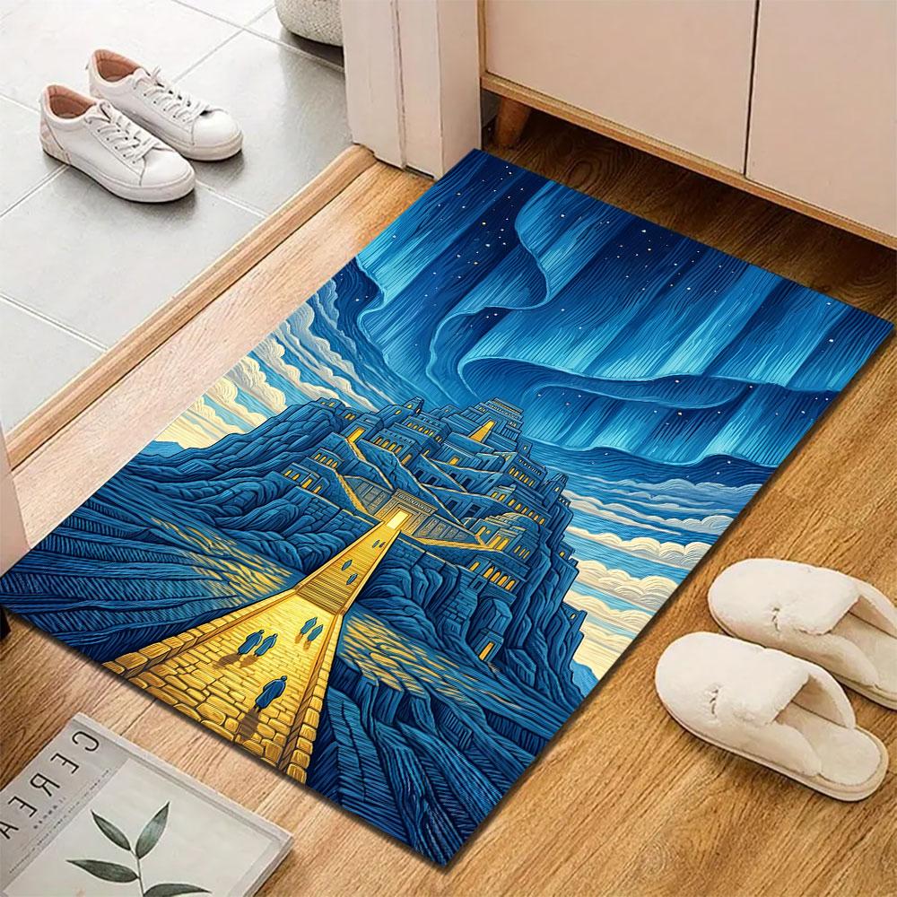 "Majestic Blue Temple at Night" Patterned carpet, suitable as a non slip play mat for the living room and bedroom sofa