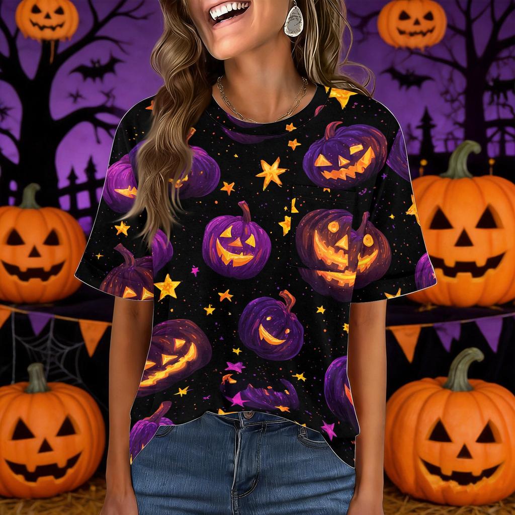 Women's Casual Halloween Pullover Top Short Sleeve Round Neck Pocket T-Shirt Halloween Print Casual Fit Lightweight