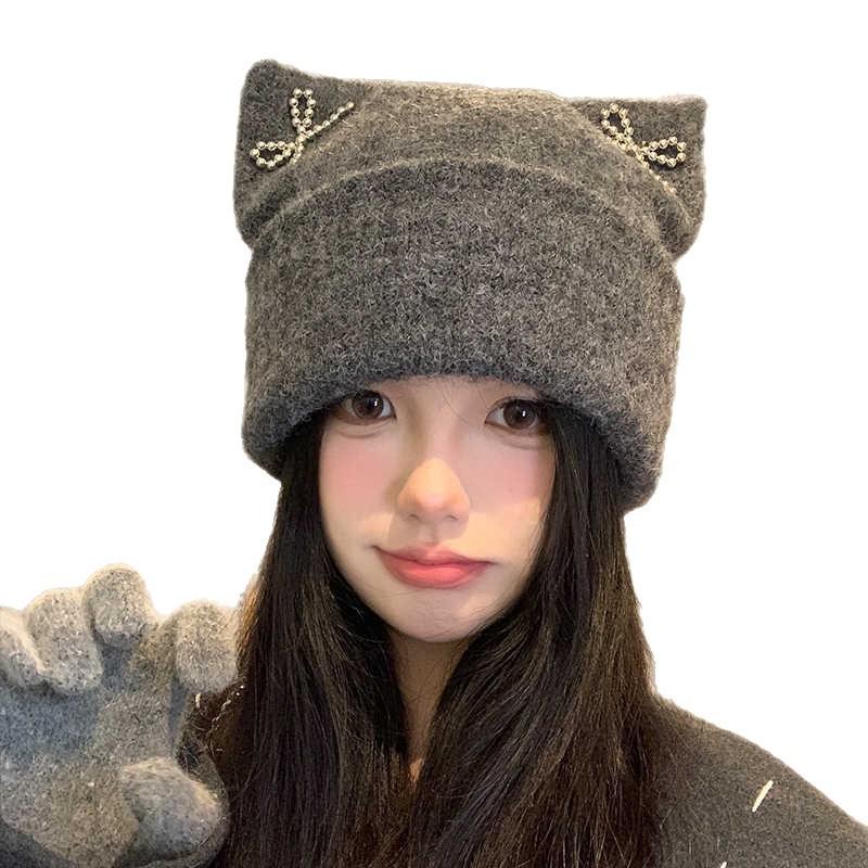 Korean Cute Cat Ear Wool Hat for Women In Autumn and Winter New Windproof Warm Pullover Hat Big Head Circumference Pile Hat Trendy