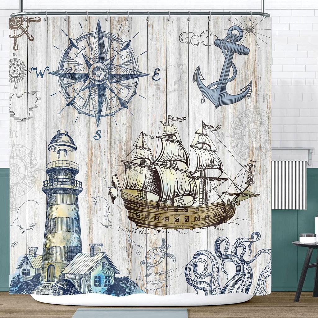 Vintage Nautical Adventure Shower Curtain - Detailed Ship, Lighthouse & Compass for Seaside Inspired Bathroom Decor