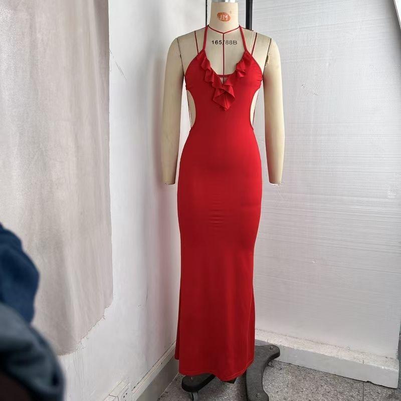 

Fashion New Sexy Backless Beach Skirt Pure Color Halter Spaghetti Straps Dress Sexy Backless Dress Red XL