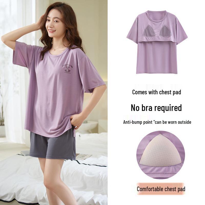 Women's Summer Modal Pajama Set with Chest Pad - Short Sleeve and Shorts, Cool Rayon, Anti-Bump, Suitable for Outdoor Wear