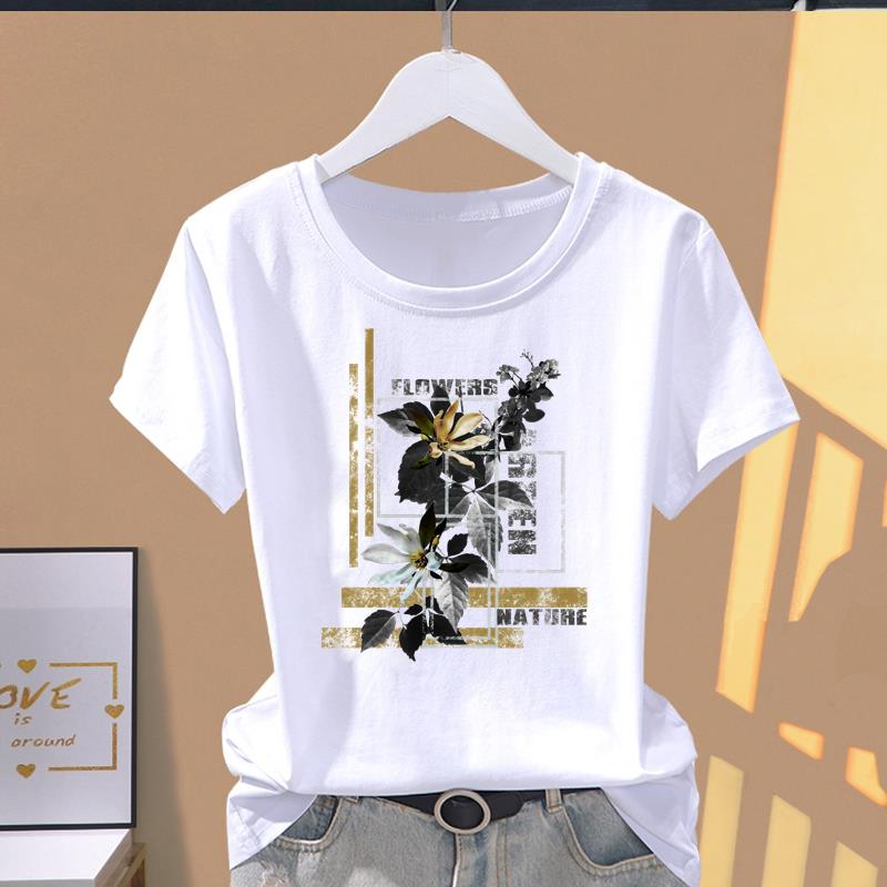 (Asian Size) leopard letter trend Top O-neck Tee Fashion Print Casual Short Sleeve T-shirts T Graphic Female Women's Clothing