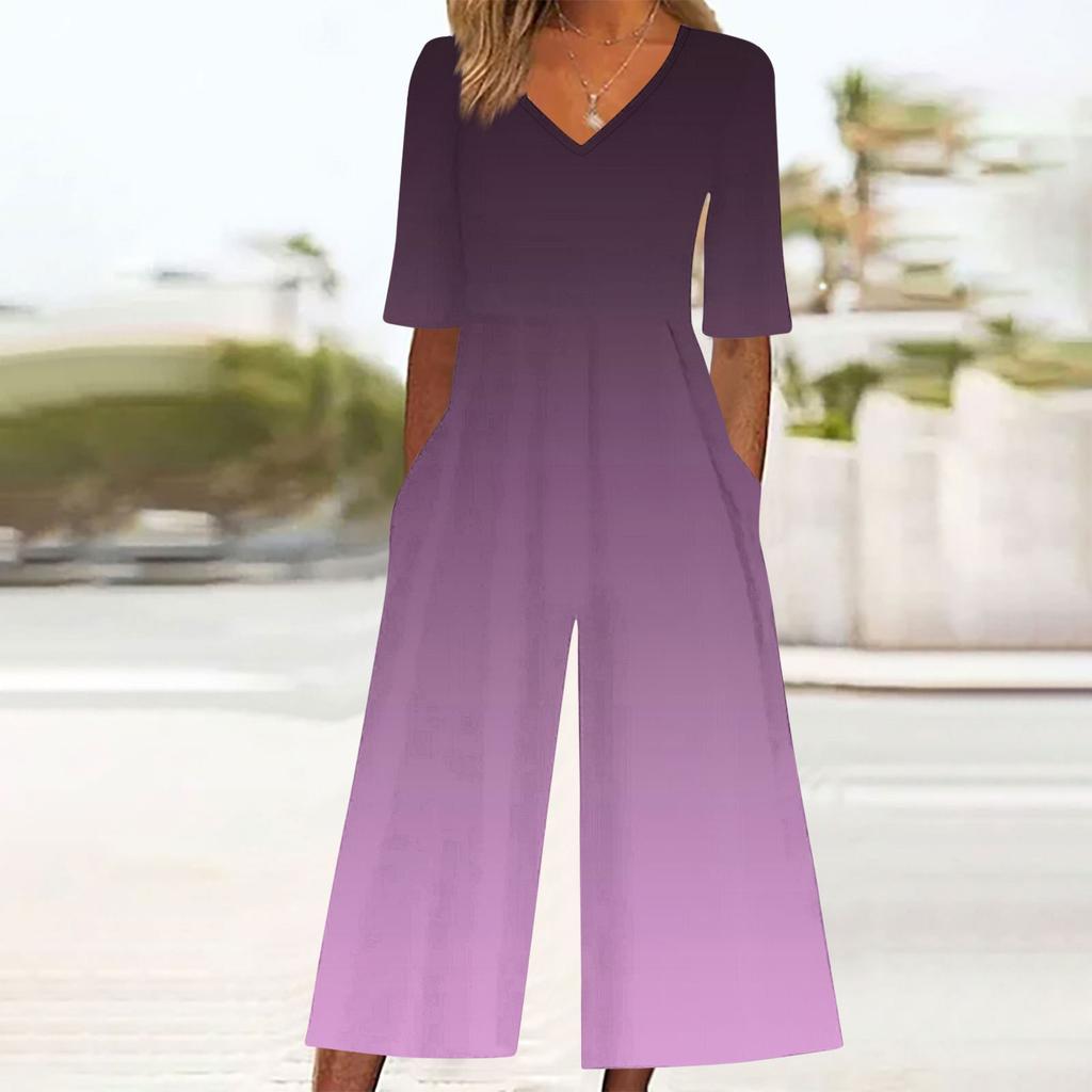 Women's Loose Casual V-Neck Gradient Printed Jumpsuit Slim Fit Wide Leg Jumpsuit