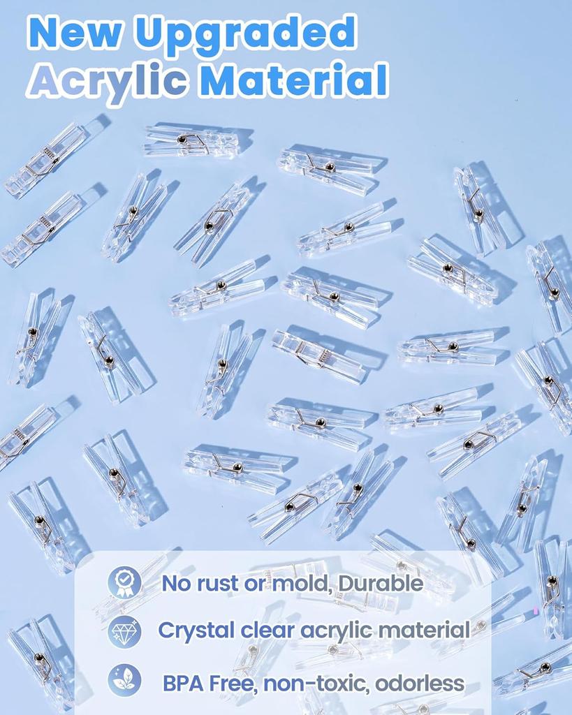 60PCS Clear Clothes Pins for Baby Shower , Transparent Acrylic Clothes Pin Bulk, 1.4'' Mini Clothespins for Photos, DIY Crafts