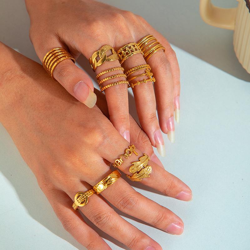 Elegant French Titanium Steel Multi-Layered Leaf Ring with Irregular Design, 18K Gold Plating