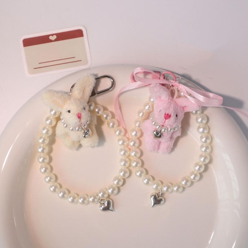 Heart Pearl Phone Chain Plush Rabbit Charm Keychain Pendant Backpack Decoration