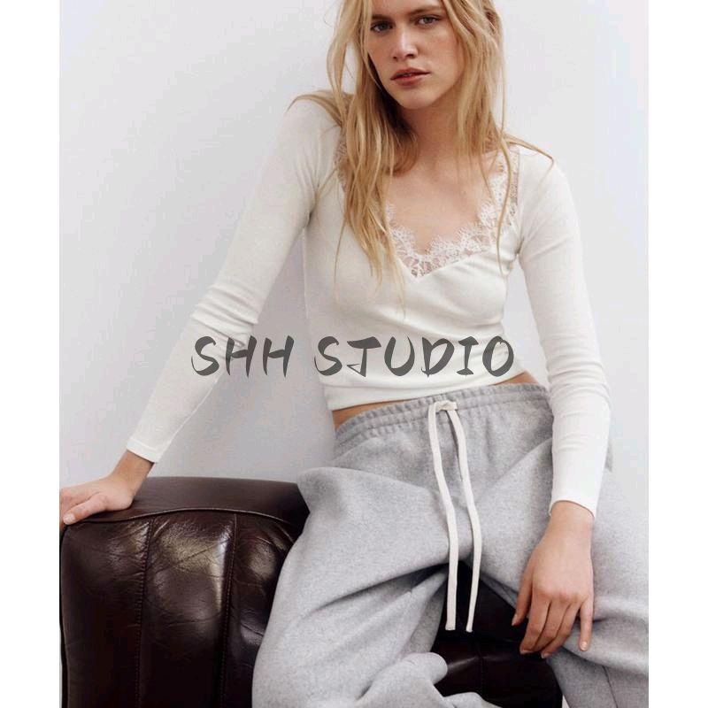 Spring New Women's Clothing Pure Desire Style V Neck Long Sleeves Multi-Color Selection Lace Decorative Cotton Rib T-shirt 5644314
