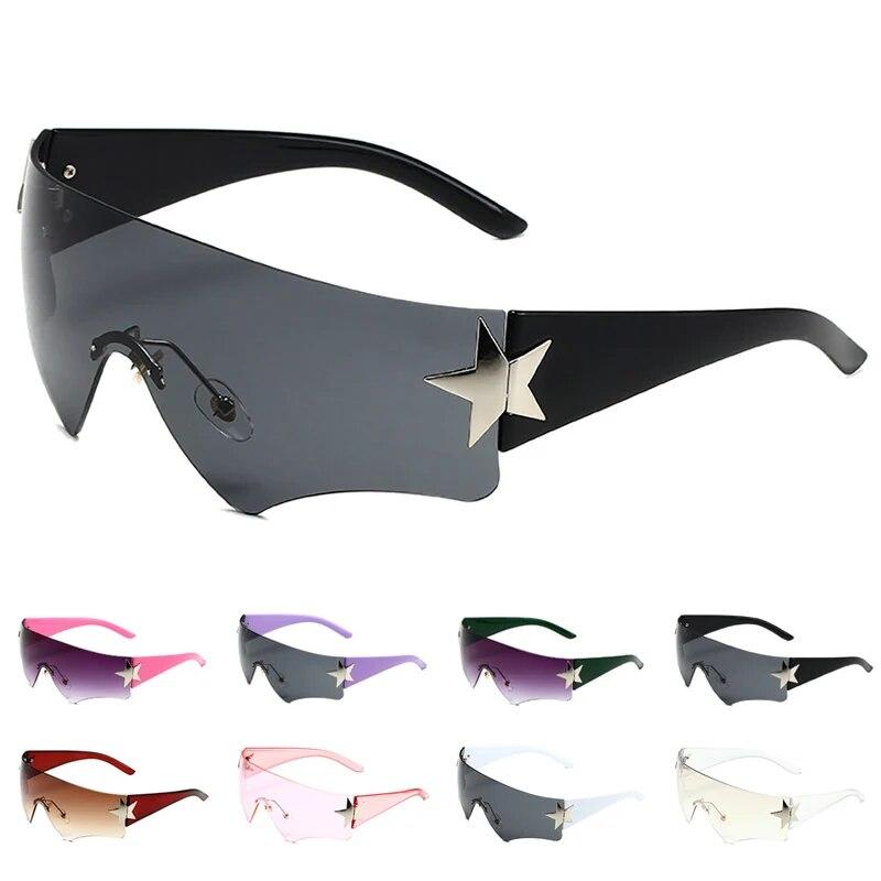 New Punk Rimless Five Star Sunglasses Y2k Luxury  Designer One Piece Goggles UV400 Women Driving Cycling Eyewear