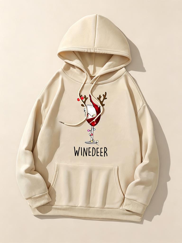 Women Casual Fashion Wine Deer Print Hooded Sweatshirt Kangaroo Pocket Comfort Drawstring Pullover For Autumn Winter