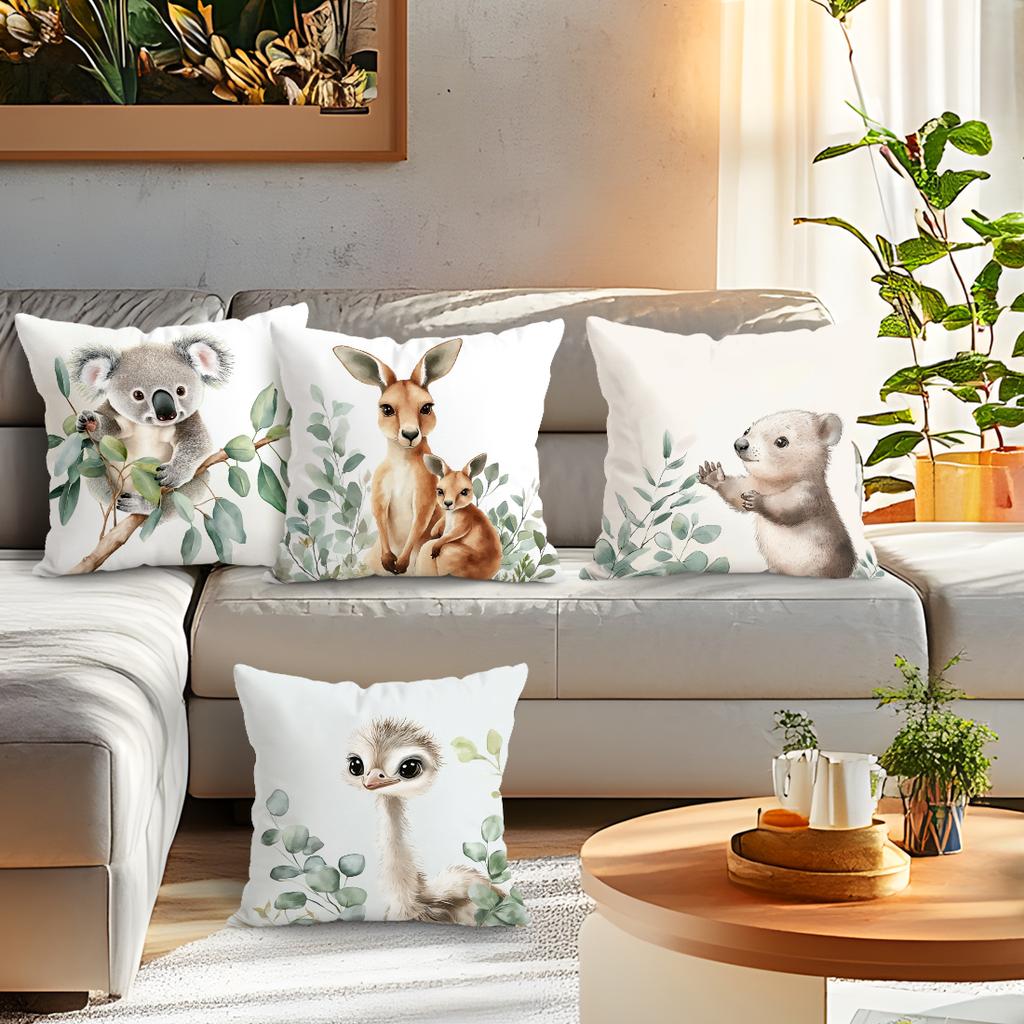4 Pcs Cute Animals Single-Sided Printed Pillowcase Cushion Cover,Suitable For Living Room,Bedroom,Car Decoration