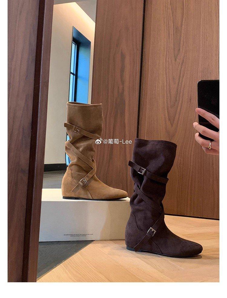 Cowhide version~ retro suede lazy western cowboy boots women's pleated stacking boots big tube circumference thin medium tube boots