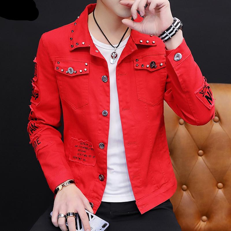 Fashion Men Denim Jacket Spring Autumn Personalized White Red Design Jean Coats Male Slim Fit Solid Color Handsome Versatile Black Yellow