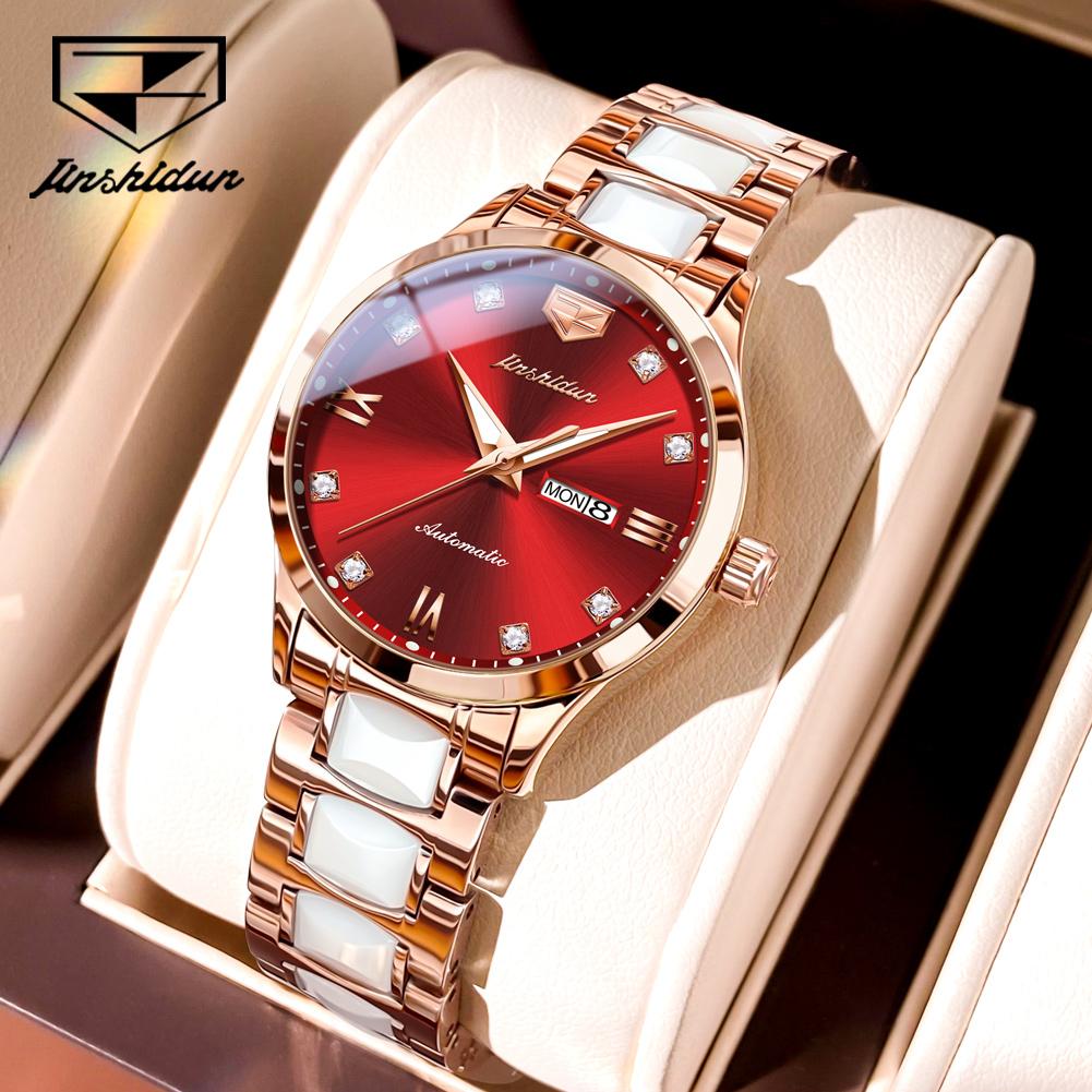 JSDUN Women's Watches Luxury Elegant Ceramic Strap Original Automatic Mechanical Wristwatch Waterproof Luminous Date Week 8947