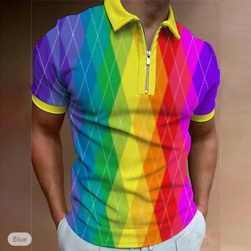Lässiges Revers-T-Shirt Herrenmode Reißverschluss-T-Shirt Kurzarm-T-Shirt Herren 3D-Farbspleiß-Print-T-Shirt
