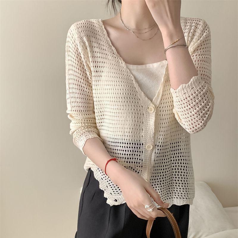 Small Fresh College Hollow Knitted Sweater Cardigan Women's Summer Thin Loose Long-sleeved Sunscreen Shawl Top