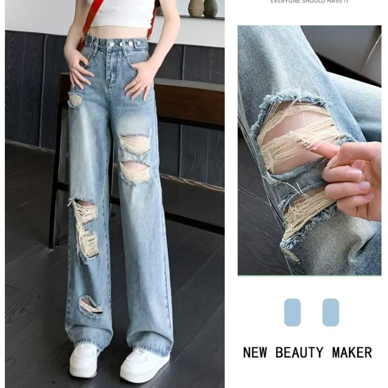 Women s Internet Celebrity Adjustable High-Waisted Ripped Wide-Leg Jeans XL