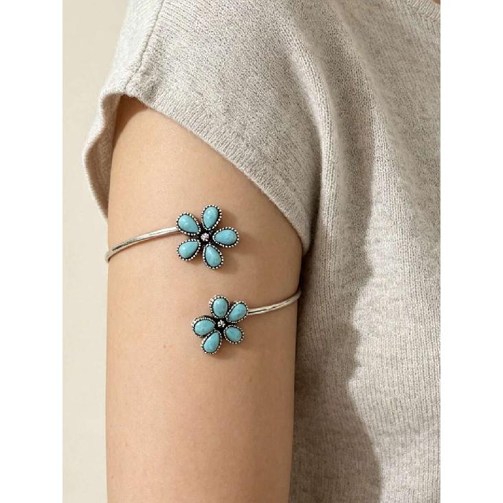 1pc Western Vintage Artificial Turquoise Flower Arm Cuff, Distressed Open Bangle Bracelet, Bohemian Arm Accessory