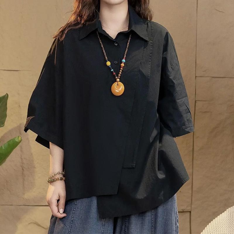 ZANZEA Damen Sommer Casual Shirt Kragen Halbarm Lose Diagonal Knopf Einfarbig Blusen