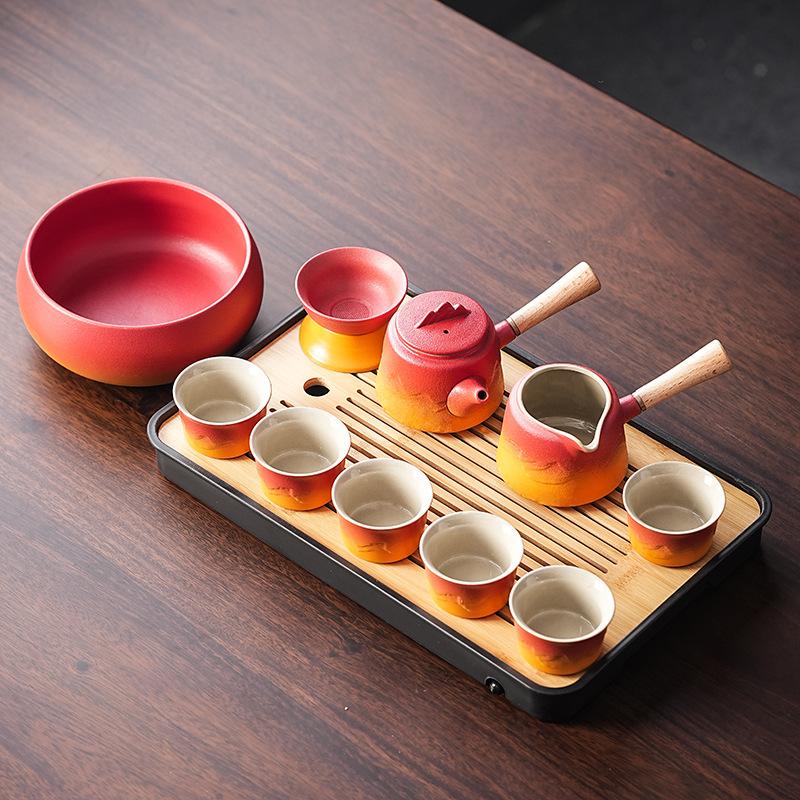 Light luxury red orange gradual change coarse pottery tea set guest tea kung fu set merchandise business enterprise