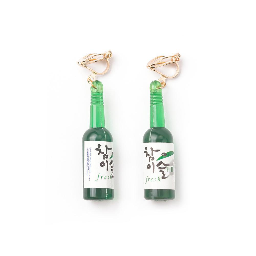 

Корейские серьги-бутылки соджу и пива: Причудливые, Зеленое стекло, Безболезненные клипсы для ушей, Преувеличенные, Забавная личность, Нишевый дизайн