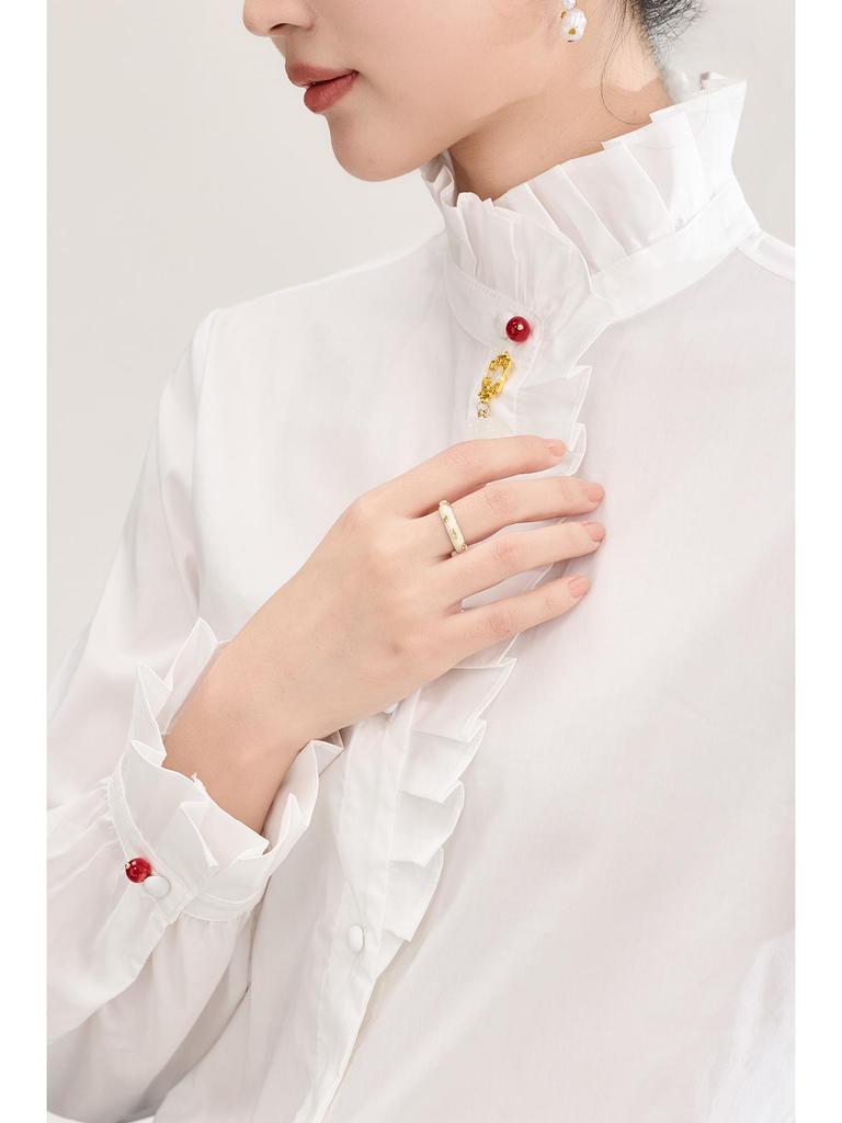 Damen Hemd aus reiner Baumwolle mit französischem Rüschenbesatz - Frühlings-Oberteil mit Micro-Flare Langarm