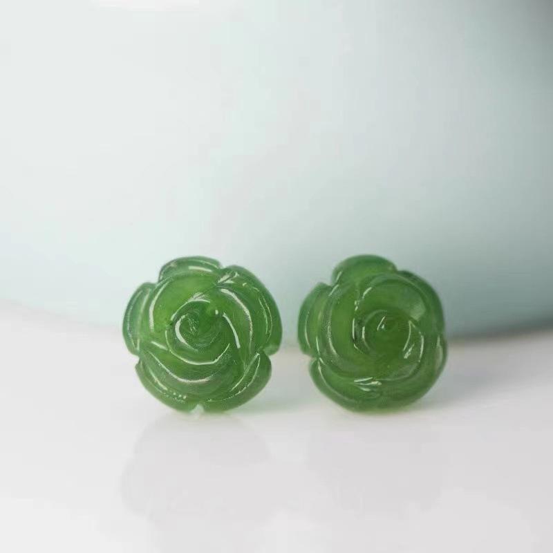 PANJBJ 925 Sterling Silver Rose Hotan Jade Earring for Women Girl Ethnic Style Versatile Temperament Jewelry Gift Dropshipping