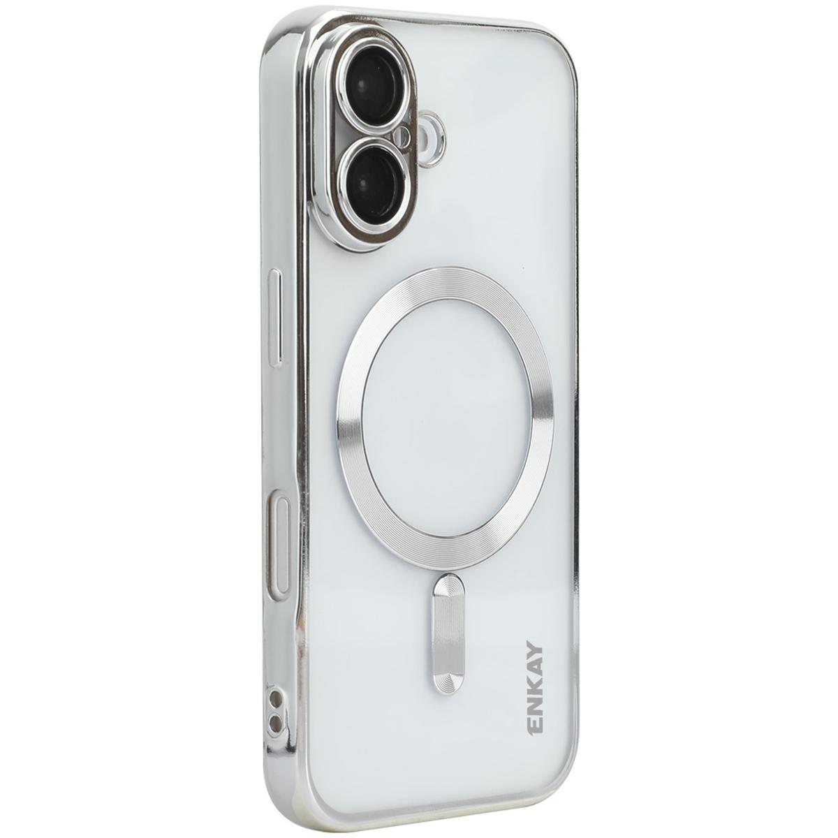

ENKAY HAT PRINCE For iPhone 16 Magnetic Clear Case Shockproof TPU Phone Cover with Lens Film Silver