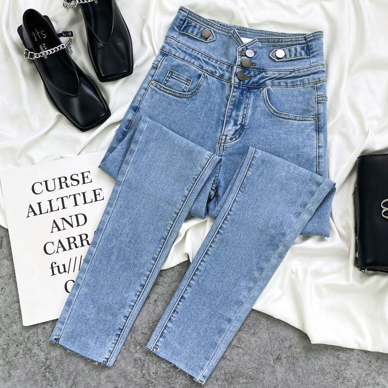 

Жіночі вузькі джинси димчастого кольору з високою талією і застібками на ґудзиках – нові осінні штани-олівці на дев’яти балках на гумці S