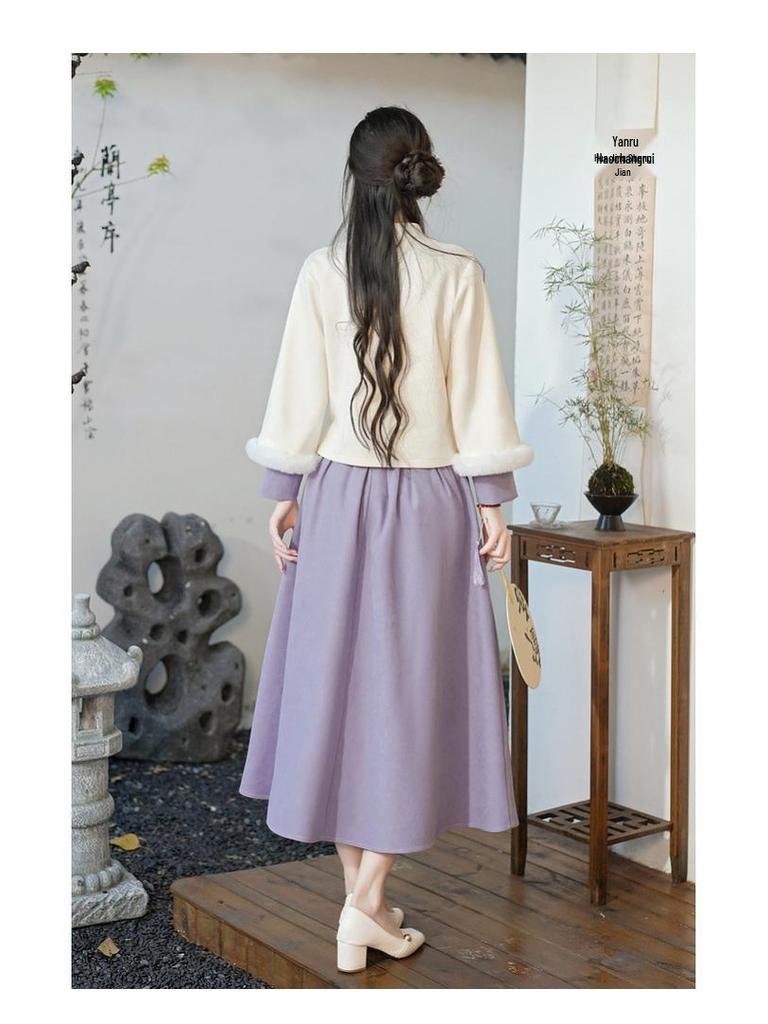 Autumn & Winter Retro Embroidered Deerskin Tang Suit: Women’s Improved Hanfu Tea Suit