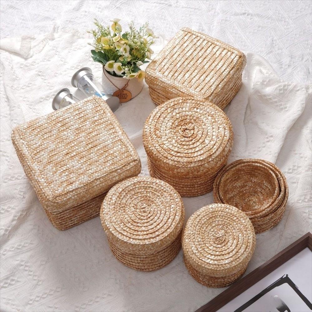 Handmade Woven Straw Storage Box Natural Straw Cosmetic Storage Container Home Decor