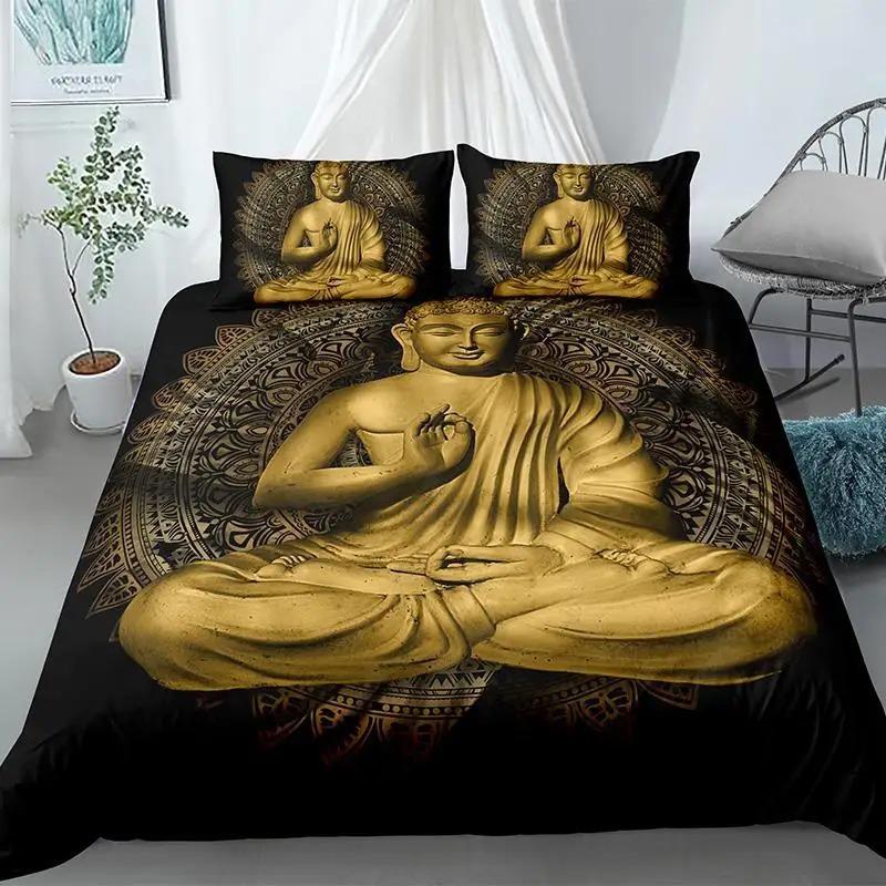 Buddha Duvet Cover Set King Size Exotic Ethnic Bohemian Bedding Set Microfiber Golden Buddha Statue Print Gorgeous Quilt Cover