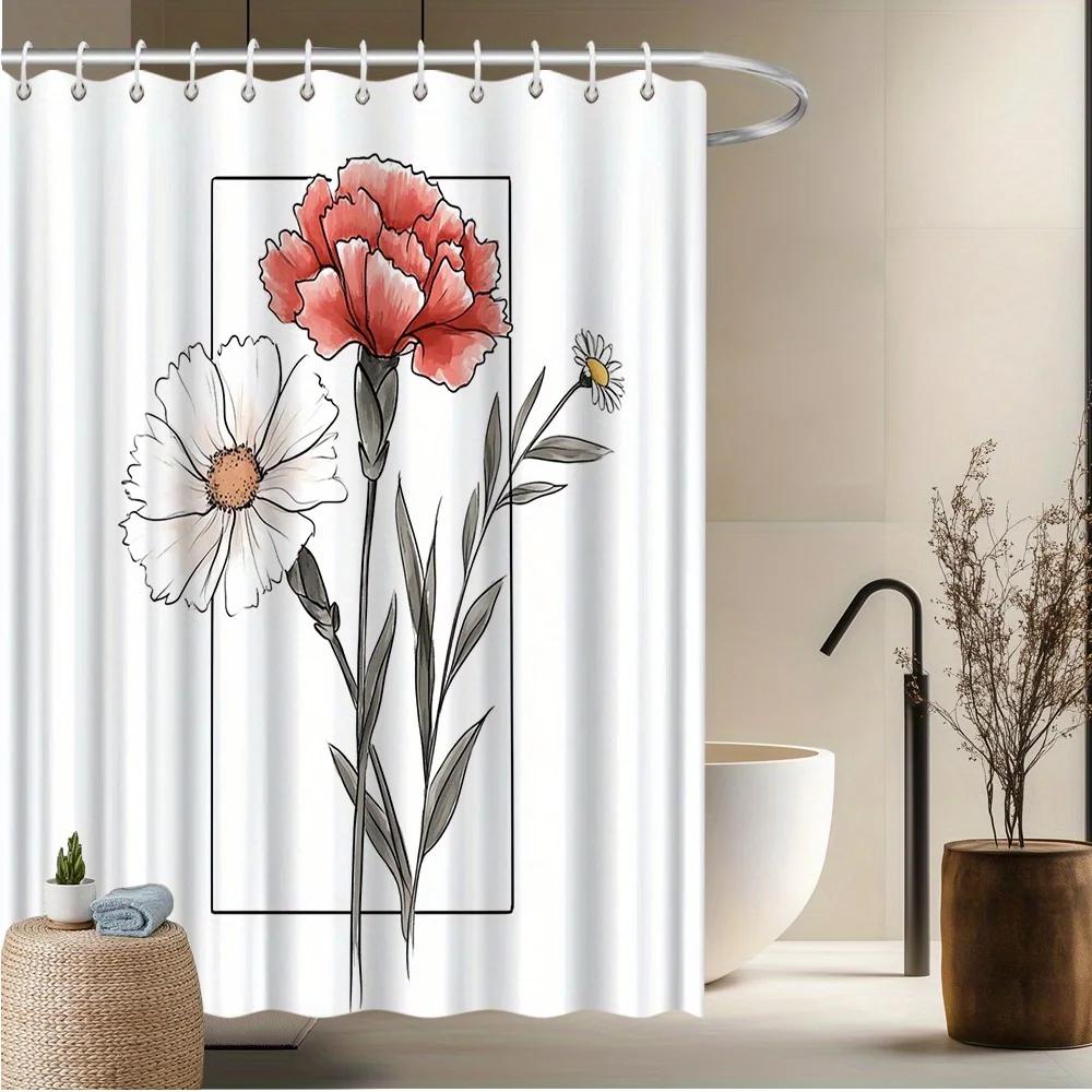 

Floral Shower Curtain - Vibrant Carnation & Daisy Design, Fade-Resistant Polyester, 12 Hooks, Perfect Bathroom Decor W60H190(CM)-1 Pcs