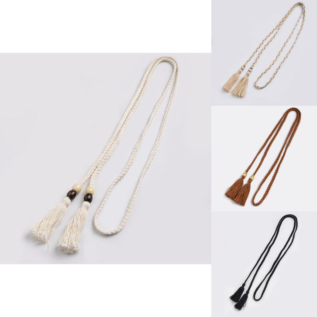 Ethnic Style Cotton Linen Waist Rope With Wooden Beads And Tassels For Casual Wear