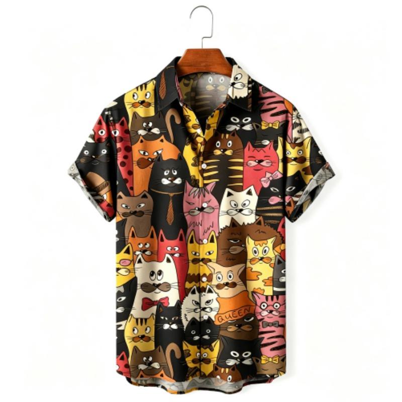Summer Fashion Anime Cartoon Animal Cat Printing Shirt Hawaiian Beach Vacation Clothing Men's Street Style Shirt Daily Men's and Women's Shirt