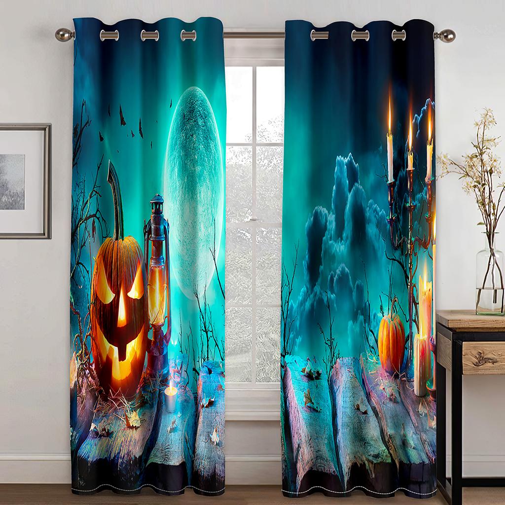 Halloween Kürbis 3D digital bedruckter Vorhang Wohnzimmer Schlafzimmer Feiertagsdekoration 90g Polyester Vorhangstoff zwei Paneele