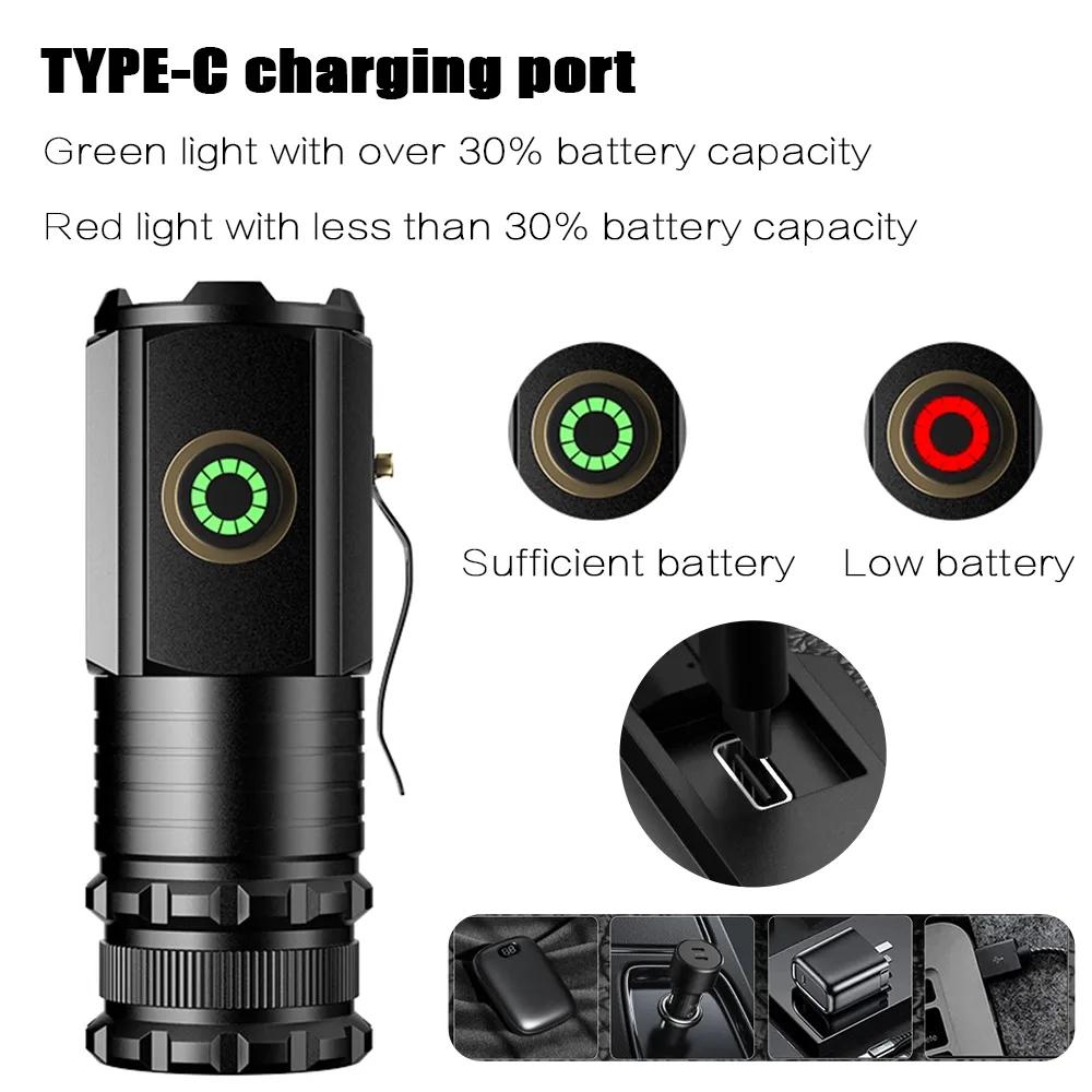 Kraftig Mini EDC LED-lommelykt 2000LM Super Bright nøkkelringlys USB oppladbar lommelykt campinglykt med strømindikator