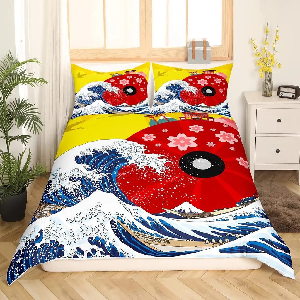 Ocean Wave King Queen Duvet Cover Red Sun Bedding Set Japanese Ukiyo-E Comforter Cover Exotic Navy Blue Polyester Quilt Cover