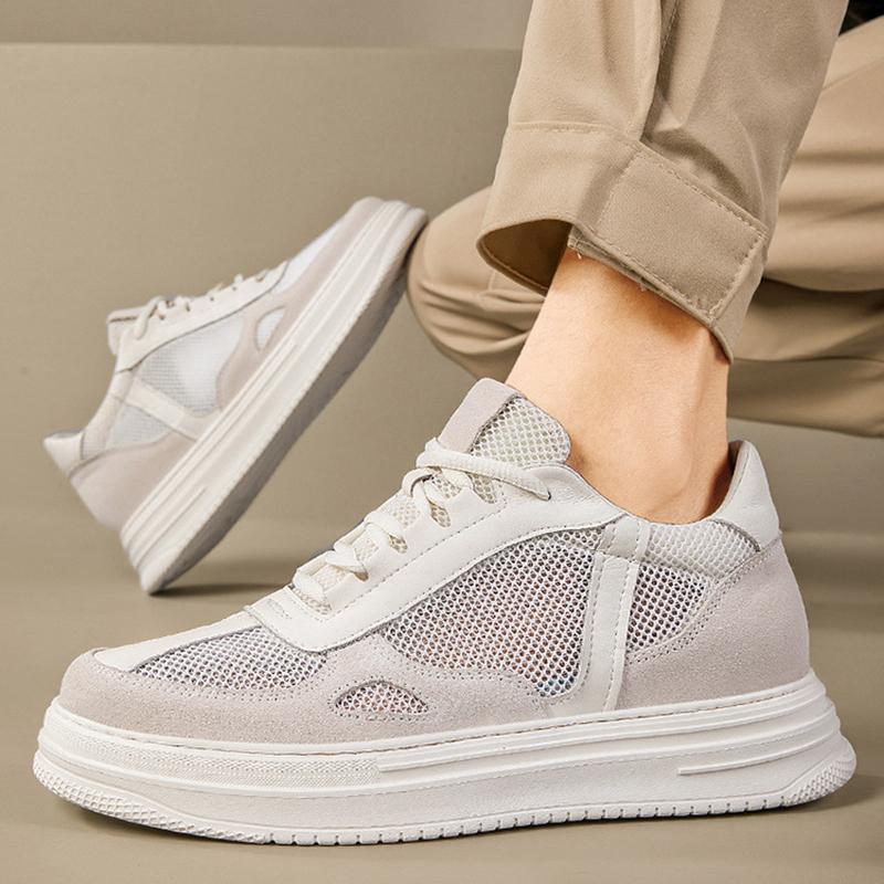 Men Genuine Leather+mesh Increase 6CM 8CM Heightening Shoes Hollow Out Casual Mesh Sneakers Summer Footwear Mesh Breathable Shoe