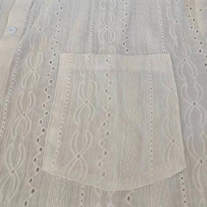 Shirts Apricot Handsome Lapel Men Blouse Vacation Hollow Out Sexy Fashion Clothing Male Mesh Long-sleeved Shirts