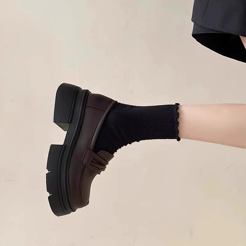 Thick-soled Thick-heeled Small Leather Shoes Women's New Autumn One-pedal Women's Shoes Single Shoes Black