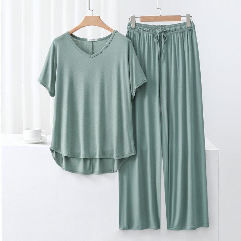 Summer Modal Homewear 2 Piece V-Neck Short Sleeve Tshirt and Wide Leg Pant Ankle Length Loose Sleepwear Set Comfort Pajama Sets